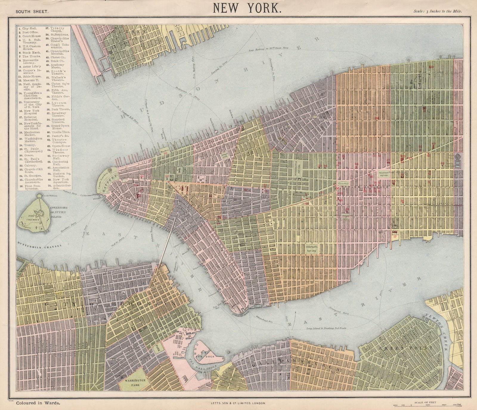 NEW YORK CITY town map plan. Lower/midtown Manhattan Brooklyn. LETTS 1889